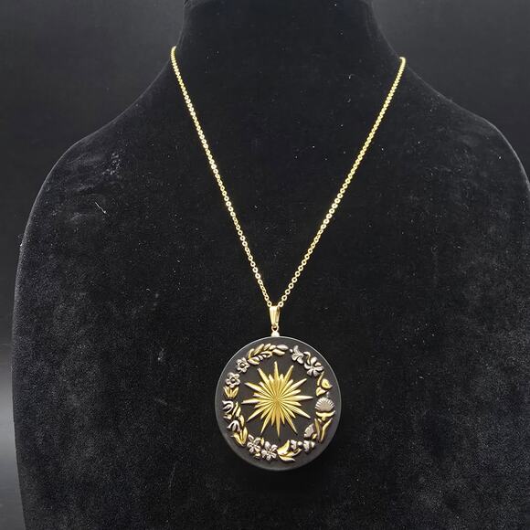 Franklin Mint Midnight Sun Pendant Necklace Damascene Black Sun - Picture 2 of 7